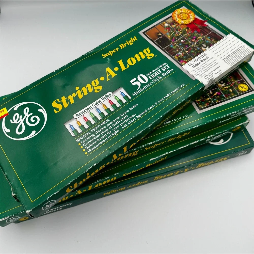 Lot of 4 Vintage GE String-A-Long Christmas Lights 50 Assorted Color NIB